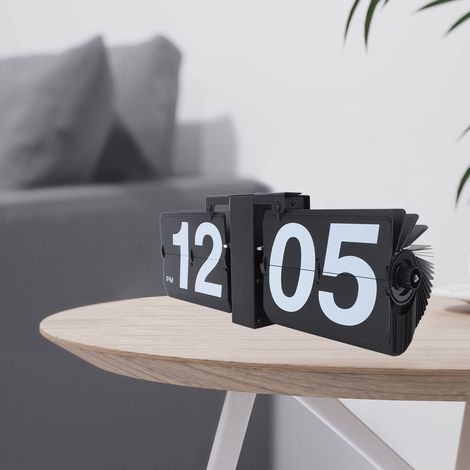 Reloj plegable, reloj digital retro con ranura para tarjeta, de accionamiento manual, fabricado en PVC y acero inoxidable - Reloj de mesa mecánico negro para salón, oficina o dormitorio. (1/5)