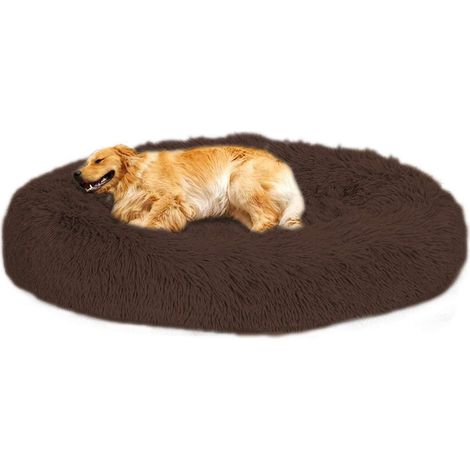 Lit Donut 110cm Marron, Coussin Rond en Peluche pour Grandes Races, Lavable