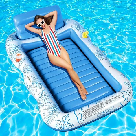 Matelas Gonflable Piscine, Gonflable Tanning Pool Flotteur de Piscine pour Adultes pour Bain de Soleil, Piscine Gonflable Hamac avec Porte-gobelet, Piscine Bronzage pour Adultes (Bleu) (1/4)