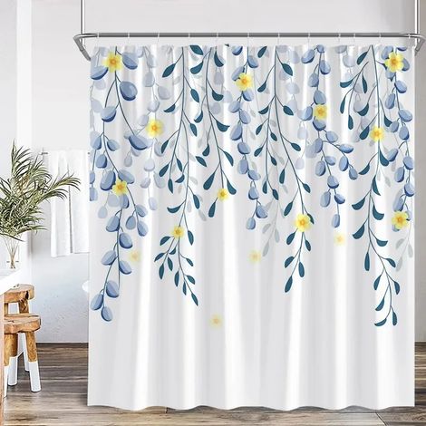Filiyano-Rideau de douche à motifs de feuilles bleues, aquarelle végétale, feuilles d'eucalyptus, style moderne et épuré, décoration de salle de bain (1/2)
