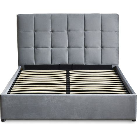 Cotecosy – Lit double relevable 180x200cm – Velours argent – Tiroirs de rangement – Tête de lit capitonnée – Dimensions L189 x P217 x H106 cm (1/5)