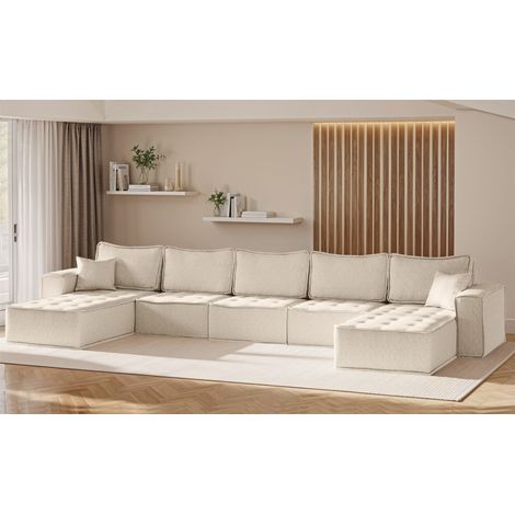 Wohnlandschaft Sofa U-Form Modulsofa-Set 5-teilig SANDE Stoff Raven Creme (1/5)