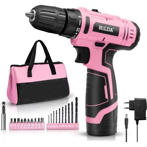 Perceuse-visseuse sans fil : perceuse-visseuse sans fil 12 V, visseuse sans fil rose, 21 accessoires, lumière LED, avec adaptateur (1/4)