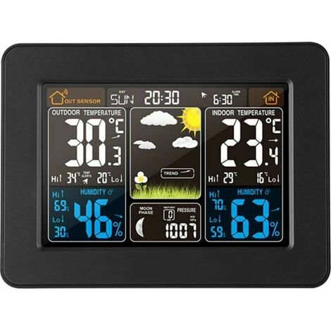 Stazione meteorologica digitale a colori Crezuo con indicatore di temperatura/umidità/barometro/calendario/orologio multifunzione (nera)