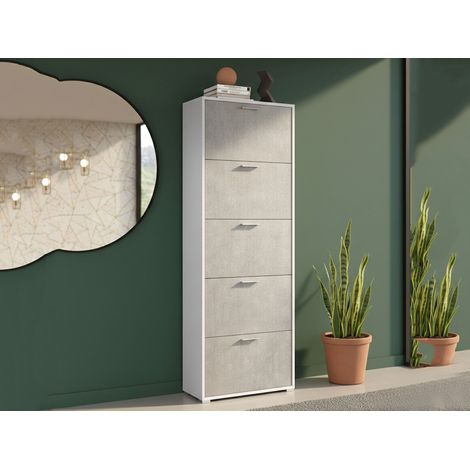 Dmora - Scarpiera Anina, Mobile multiuso da ingresso con 5 ante a ribalta, Armadietto portascarpe a doppia profondità, 100% Made in Italy, 67x28h183 cm, Bianco e Cemento (1/4)