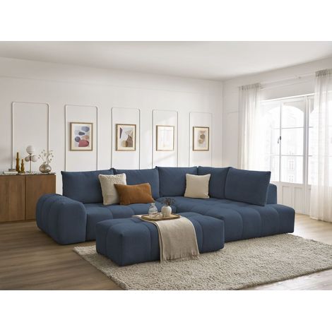 BOBOCHIC - Canapé d'angle L convertible coffre EVEREST tissu chiné avec pouf Angle droit Bleu foncé (1/5)