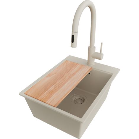PRIMAGRAN Evier Cuisine en Granit 38x50cm,Lavabo 1 bac + Robinet 40x20cm + Kit de Vidage + Planche à Découper, Évier à Encastrer au meuble 40cm - Oslo, Beige (1/5)