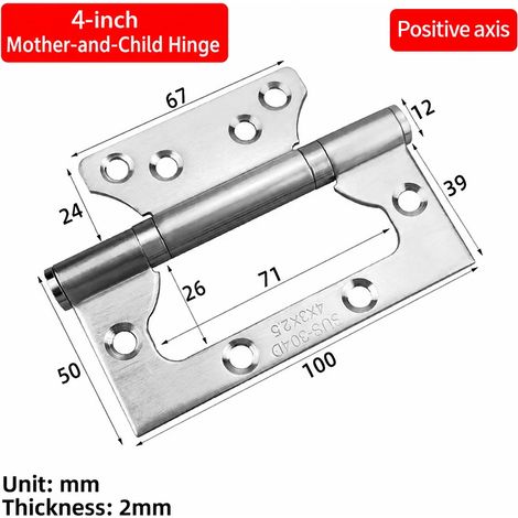 Charnière de porte mère-enfant simple en acier inoxydable 201SUS brossé (4 po), 1 pièce, sans découpe, à pivot silencieux, pour engins de chantier, meubles et armoires. (1/5)