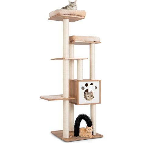 Costway – Arbre à chat en bois 176 cm avec niche et 2 perchoirs – Condo spacieux à plusieurs niveaux – Poteaux en sisal et tapis lavables (1/5)
