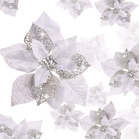 Lot De 24 Fleurs De Poinsettia Artificielles À Paillettes Pour Mariage, Sapin De Noël, Nouvel An (Argenté) (1/5)