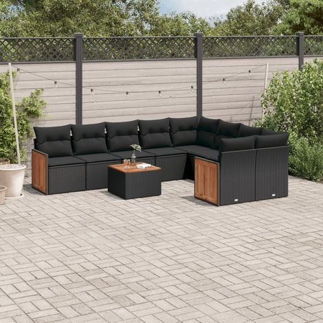 Ensemble Salon Jardin 10 Places Noir Résine Tressée avec Coussins - Canapés, Fauteuils et Table Acacia Modulable (1/5)