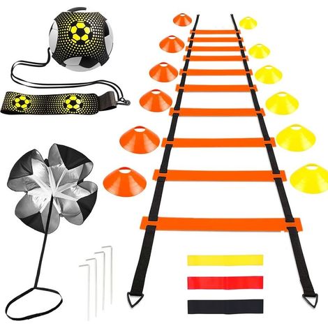 Accessoires D'entraînement De Football - Échelle D'agilité De 6 M, 12 Cônes Orange/Jaune, 4 Piquets De Terre, 3 Bandes De Résistance (Valeurs Différentes), Parachute De Vitesse Et Bande De Résistantce