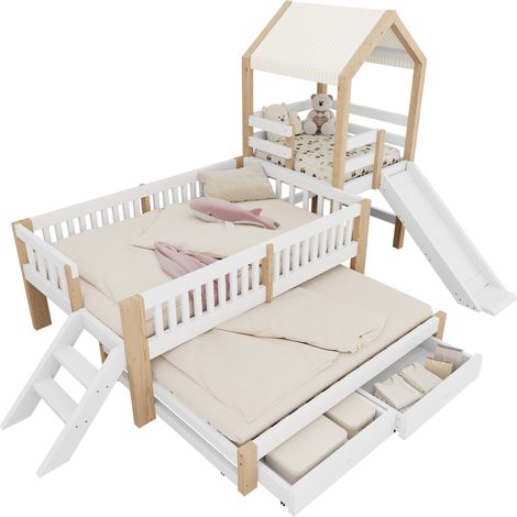 Lit enfant cabane 90x200 avec lit gigogne 90x190, toboggan, escalier latéral, tiroirs et toit en tissu, blanc et bois clair, pour chambre d'enfant - CHICFURN (1/5)