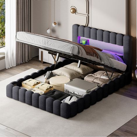 Lit coffre 160x200, lit double 160x200 cm, lit adulte avec lumière LED réglable et chargement USB, lit avec sommier à lattes en bois, lin,Gris (1/5)