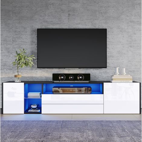 Mobile TV 180x40x45 cm, LED controllato da app, 2 cassetti e 2 vani, frontale lucido, truciolare, bianco nero (1/5)