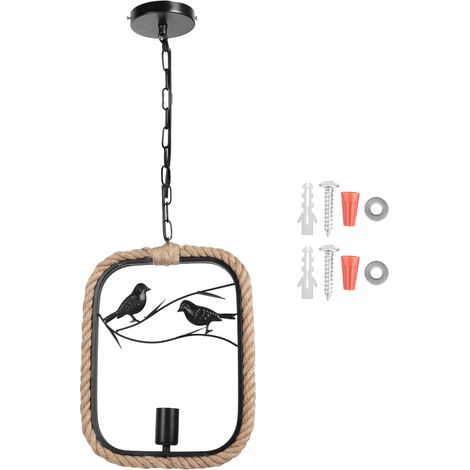 Ortviai Suspension rétro en fer et corde de chanvre avec décoration oiseau – forme rectangulaire, 85-245 V, E26/E27