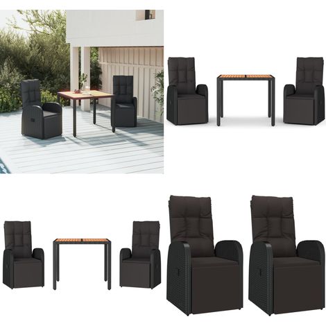 Ensemble à manger de jardin 3 pcs Noir Poly rotin et acacia - Salon De Jardin - Mobilier De Jardin - Set De Salon De Jardin - Fauteuil Inclinable - Table Basse - Home & Living