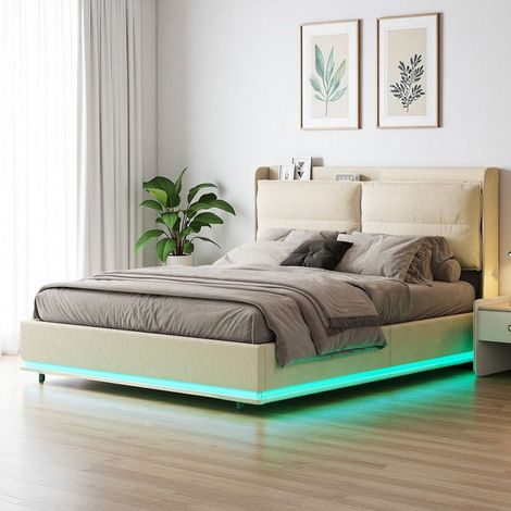 Bett 140x200 cm - Bett mit Stauraum 140x200 cm - LED und hydraulischer Stauraum - Bettgestell - gepolsterter Kopfteil aus Samt - Beige