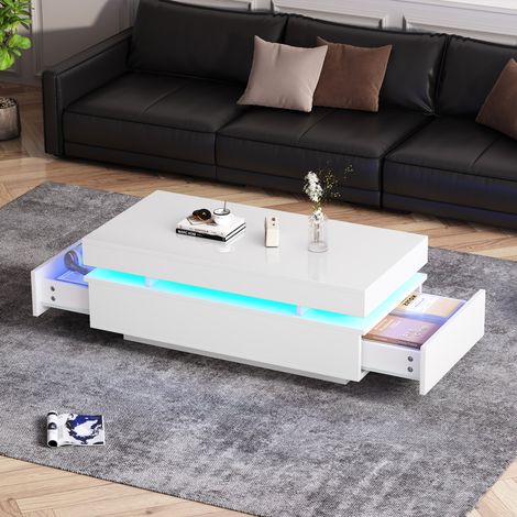 Table basse LED blanche brillante avec 2 tiroirs, meuble salon moderne en panneaux de bois, 100x50x35 cm (1/5)