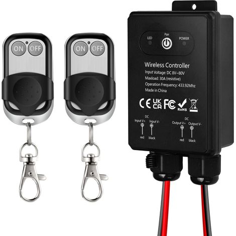 Commutateur à télécommande étanche, 12V/24V/48V/72V DC, Commutateur sans fil, Relais 30A avec portée longue de 50m, luminaires, ventilateurs de plafond et appareils électriques, zones humides (1/5)
