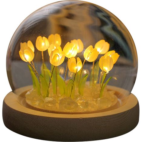 Lampe De Nuit Tulipe En Verre - Couverture En Verre Avec Base En Bois - Lumière Douce Pour Chambre D Enfant Et Décoration Intérieure - 9 Fleurs - 10 X 10 Cm (1/5)