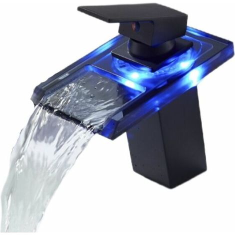 Robinet de lavabo avec lumière, robinet de bain à poignée monotrou cascade, noir mat (1/5)