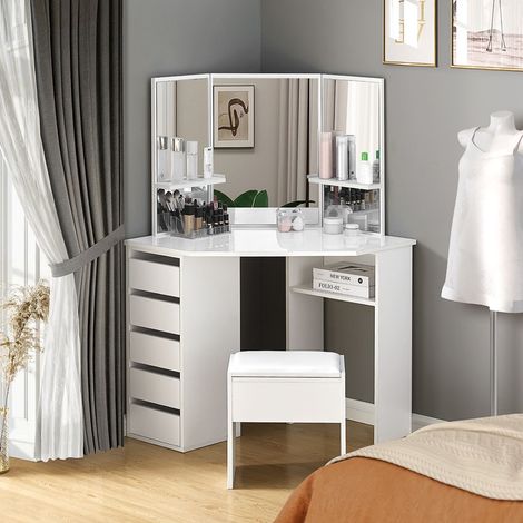 Dressing Table, Corner Vanity Makeup Desk with 5 Drawers and Stool (1/5)