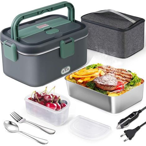 Gamelle Chauffante 1,8L 80W, 12V/24V/220V Boîte à Lunch Electrique avec Sac et Acier Inox Fourchette Cuillère pour Voiture Camion Bureau (1/5)