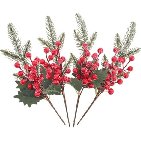 4pcs Baies Artificielles Tiges Branches Décoration de Noël Faux Pin Plante simulée Fleur Brindille Pick DIY Accueil Mariage Fête Vase (1/5)