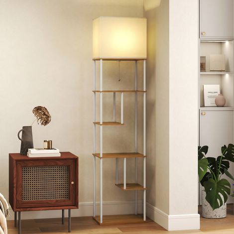 Lampadaire avec étagères, lampadaire sur pied de salon dimmable, télécommande, 40 x 29 x 171 cm, bois naturel (1/5)