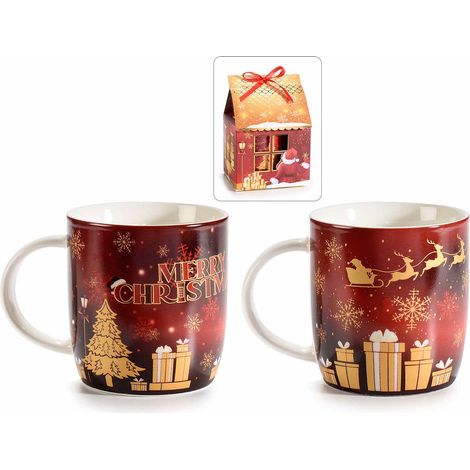 Tasses de Noël en porcelaine imprimé à thème et inscription Merry Christmas, coffret cadeau, lot de 4, tasse : diam. 8,5 cm x H. 9 cm