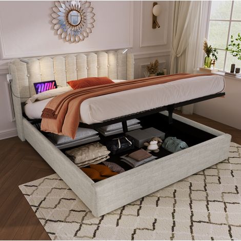 MEUBLIV Lit 160x200 cm beige – rangement, liseuse USB et tête de lit, sans matelas (1/5)