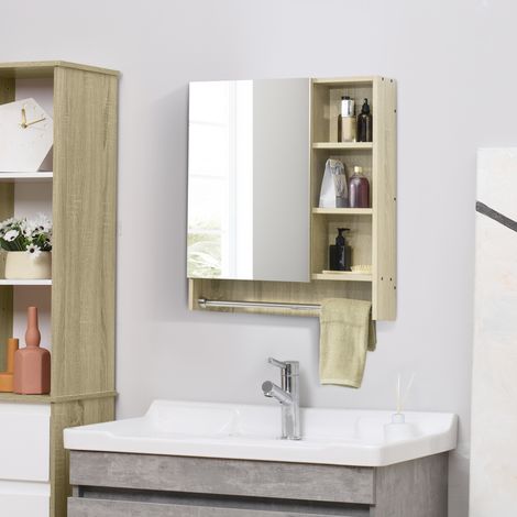 Meuble de salle de bain mural avec miroir, étagères réglables et porte-serviettes, design compact pour lavabo ou WC, 60 x 15 x 70 cm, chêne (1/5)