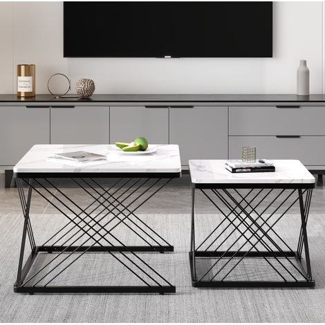 Table basse 2 pièces carrées, effet marbre blanc brillant, pieds réglables, 30 kg par table DESVIAE (1/5)