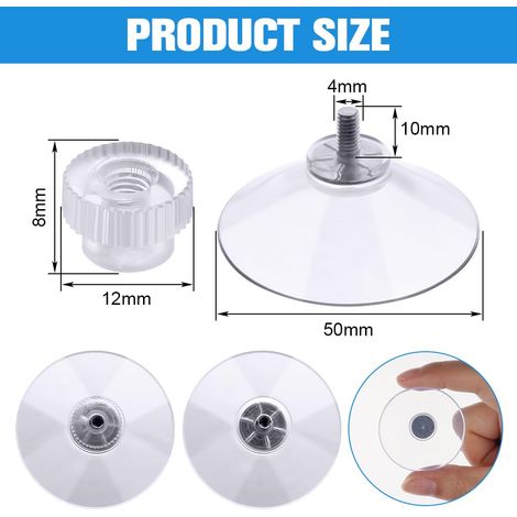 Lot de 12 ventouses en PVC transparent de 50 mm de diamètre, avec filetage et écrou moleté. Installation sans perçage. Très résistantes, elles conviennent aux fenêtres, voitures, à la décoration, à la (1/4)