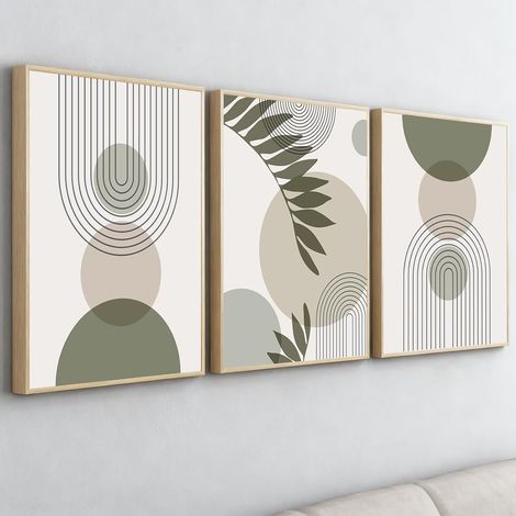 Tableau Decoration Murale Salon - Lot de 3 Affiche 50x70 avec Cadre, Poster Mural Boheme Moderne Vert, Deco Murale Chambre Adulte, Triptyque Tableau (1/5)