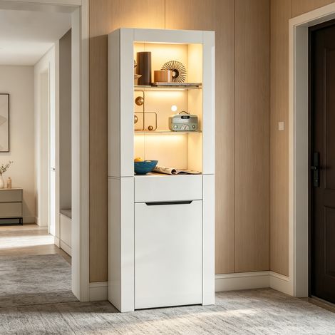 FLORAGRACE Vitrine LED connectée blanche en panneau de particules, meuble haut avec étagères, tiroir et placard, pour salon, bureau, cuisine et salle à manger (1/5)