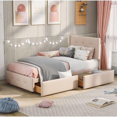 Cama tapizada clásica 90x200 cm en terciopelo beige con somier de láminas y cajón (1/5)
