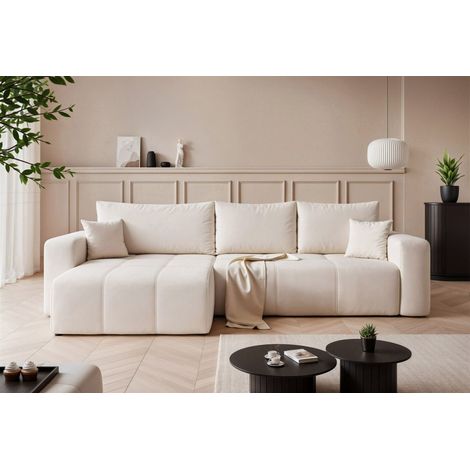 Ecksofa Schlafsofa Sofa LEROS XL in Stoff Manila Creme Ottomane Links