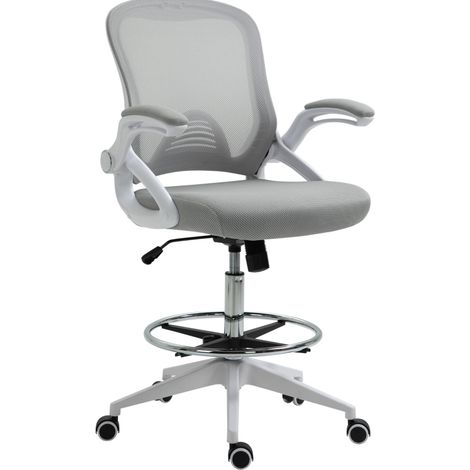 Sedia ufficio ergonomica in rete grigio chiaro con braccioli ribaltabili e poggiapiedi (1/4)