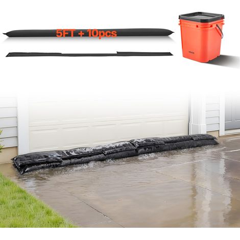 Barrière Anti-inondation Activée par l'Eau, Sacs d’Inondation Lot de 10PCs 153x21 cm avec Seau, Barrière Absorbante l’Eau Réutilisable, Dispositif de Protection pour Porte, Sous-sol, Garage (1/5)