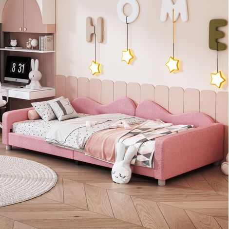 Kinderbett 90/200 cm rosa aus Lammfell-Optik mit Rückenlehne und Armlehnen (1/5)