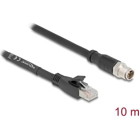 Delock Cable M12 codificado en X de 8 pines macho a RJ45 macho Cat.5e S/FTP flexible 10 m negro
