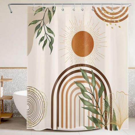 Bohême Moderne Rideaux de Douche 150x180cm Beige Abstrait Milieu du siècle Rideaux de Bain avec Crochets,Soleil Feuille Verte Court Imperméable Polyester Anti Moule Salle de Bain Décor (1/5)