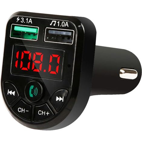 Adaptateur audio pour voiture avec chargeur USB, prise d'appels téléphoniques et récepteur radio FM. Plusieurs options d'affichage. (1/5)