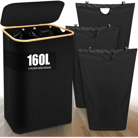 Cesto portabiancheria Ulisem con coperchio, 3 scomparti, XXL, con sacco portabiancheria rimovibile, pieghevole, per indumenti sporchi, con manico in bambù, per camera da letto, lavanderia, nero (1/4)