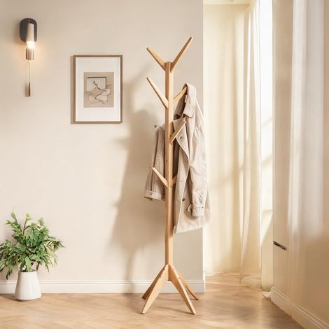 Porte-manteaux sur pied en bois de pin naturel 8 crochets 180 cm (1/5)
