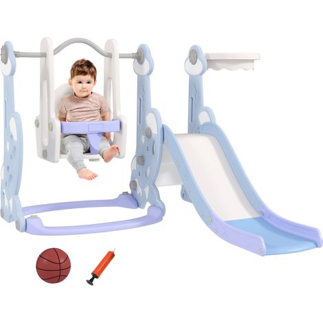 Scivolo per Bambini 4 in 1 con Altalena Canestro Arrampicata 147,5x160x107 cm Azzurro Chiaro (1/5)