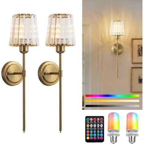 Lot de 2 Applique Dorée Murale Rechargeable Intérieur, E27 Lampe Murale Sans Fil en Cristal RGB LED Lampe avec Télécommande, USB Applique Murale Batterie Abat-Jour Tissu pour Chambre Salon (1/5)