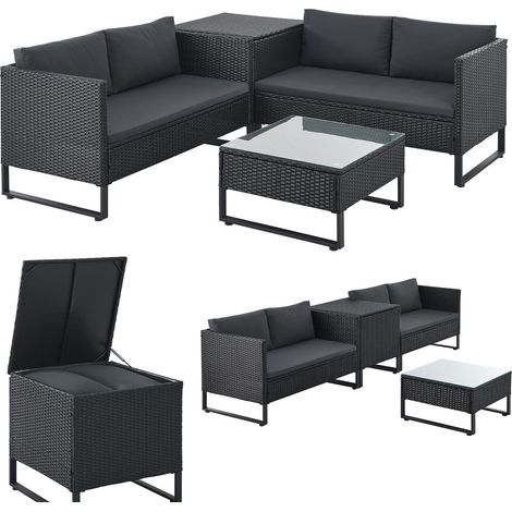 Juskys Outdoor Polyrattan Lounge Santorini - Gartenlounge mit Beistelltisch & Auflagenbox - Gartenmöbel Set Rattan Sitzecke wetterfest - Schwarz (1/5)